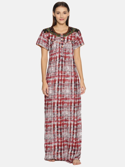 

Charak White & Maroon Checked Maxi Nightdress