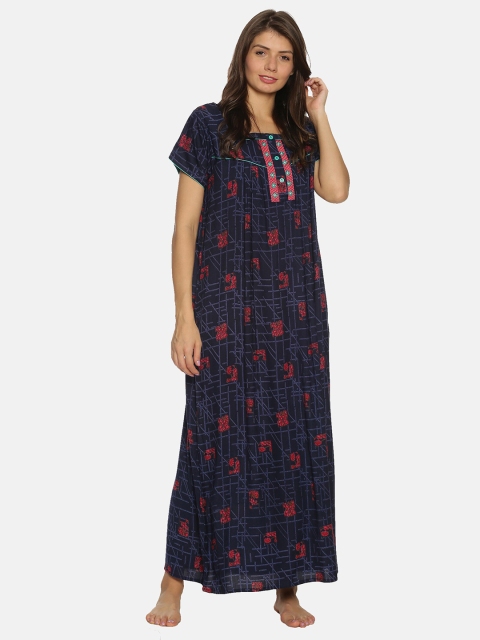 

Charak Women Navy Blue Printed Maxi Nightdress