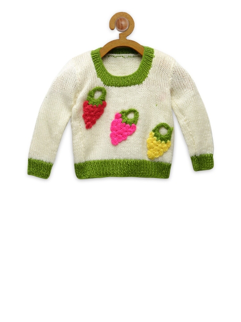 

CHUTPUT Unisex Kids White & Green Floral Pure Wool Hand Knitted Crochet Pullover Sweater