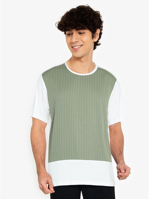 

ZALORA BASICS Men Olive Green & White Colourblocked Poplin-Panelled T-shirt