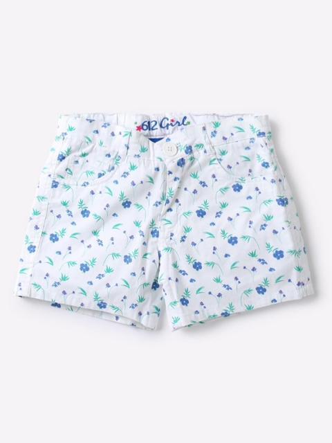 

612 league Girls White Floral Printed Slim Fit Shorts