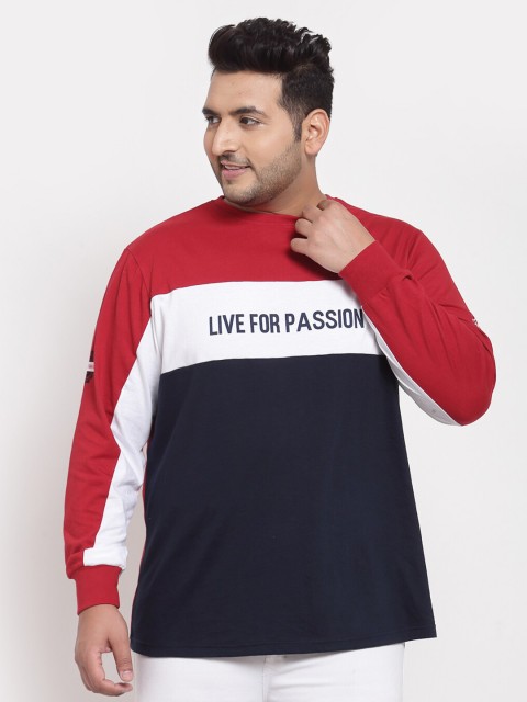

plusS Men Navy Blue & Red Colourblocked Cotton T-shirt with Print Detail