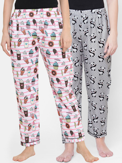 

FashionRack Women Pack Of 2 Grey & Pink Printed Cotton Lounge Pants