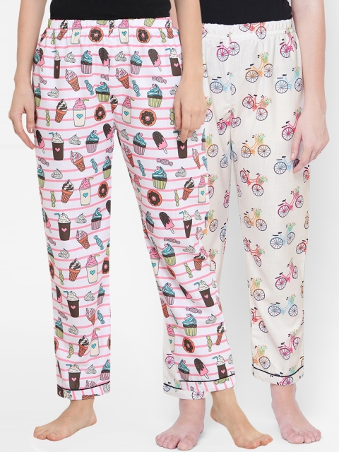 

FashionRack Women Pack Of 2 White & Pink Printed Cotton Lounge Pants