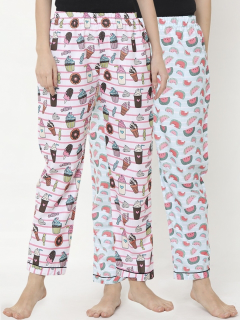 

FashionRack Women Pink & Blue Set Of 2 Printed Lounge Pants