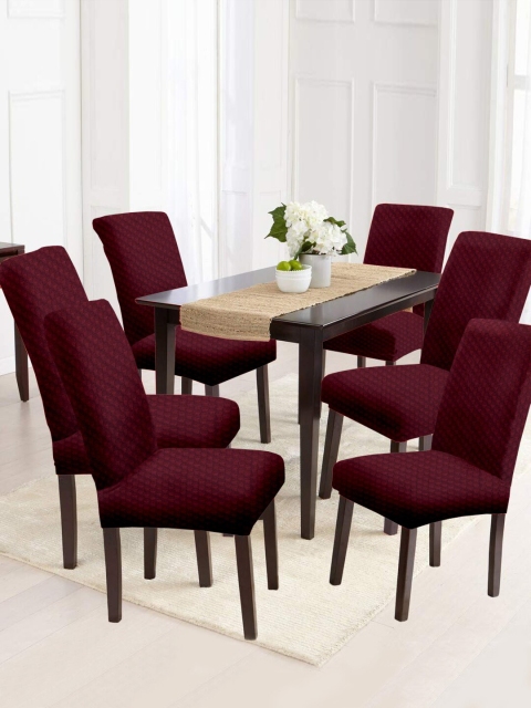 

Cortina Set Of 6 Maroon Self Design Removable Chair Slip Covers