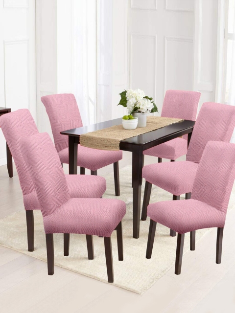 

Cortina Set Of 6 Pink Self Design Removable Chair Slip Covers