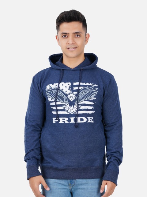 

PRIDE APPAREL Men Blue Printed Hooded Cotton Sweatshirt