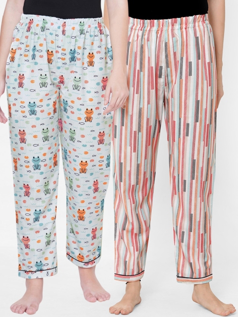 

FashionRack Women Pack Of 2 White & Orange Printed Cotton Lounge Pants