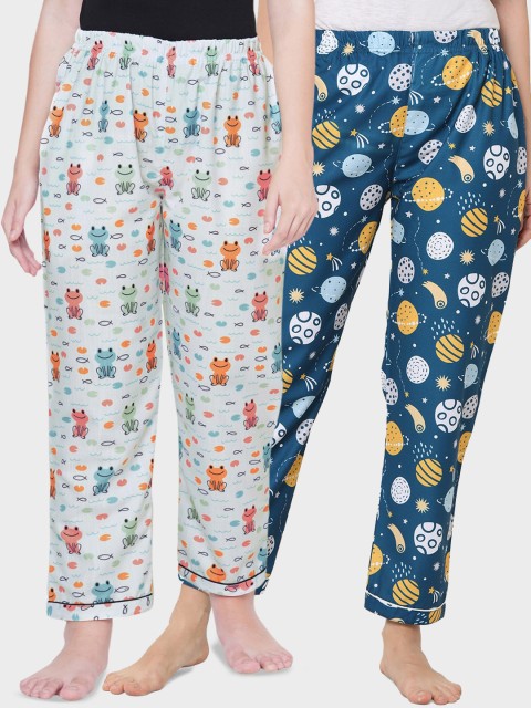

FashionRack Women Pack Of 2 Grey & Navy Blue Printed Cotton Lounge Pants