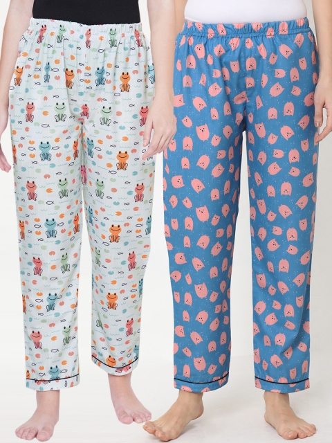 

FashionRack Women Pack of 2 White & Blue Printed Lounge Pants