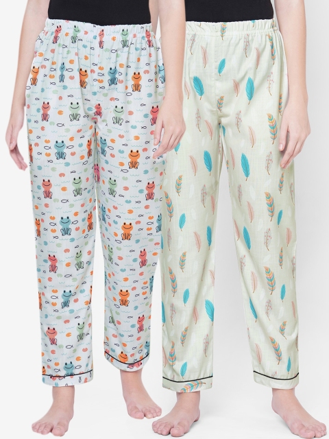 

FashionRack Women Pack Of 2 White & Cream-Coloured Printed Cotton Lounge Pants