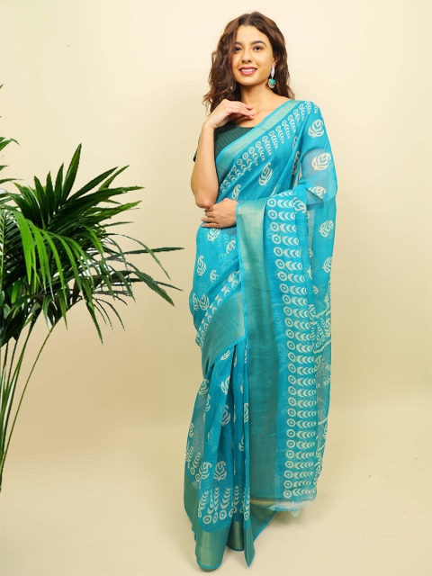 

Indi INSIDE Turquoise Blue & White Cotton Dabu Saree