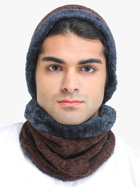 

ELLIS Unisex Brown & Grey Woolen Beanie With Neck Scarf