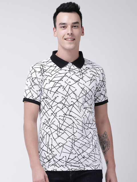 

GRACIT Men White & Black Printed Polo Collar Pure Cotton Slim Fit T-shirt