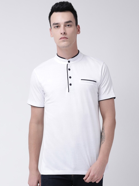 

GRACIT Men White Cotton Mandarin Collar Pockets Slim Fit Running T-shirt