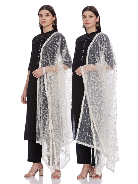 

IVOC White Ethnic Motifs Embroidered Dupatta with Sequinned