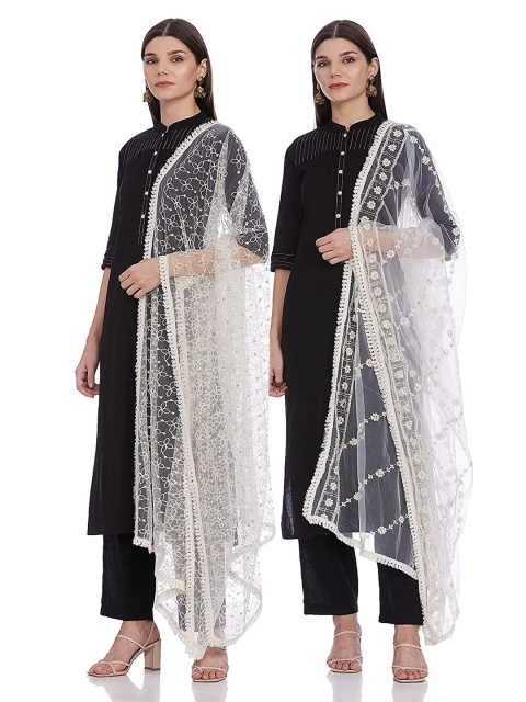 

IVOC Pack Of 2 White Ethnic Motifs Embroidered Dupatta with Sequinned