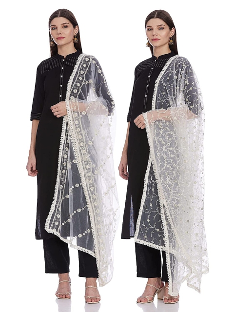 

IVOC White Ethnic Motifs Embroidered Dupatta with Sequinned