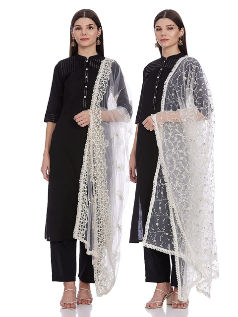 

IVOC White Ethnic Motifs Embroidered Dupatta with Sequinned
