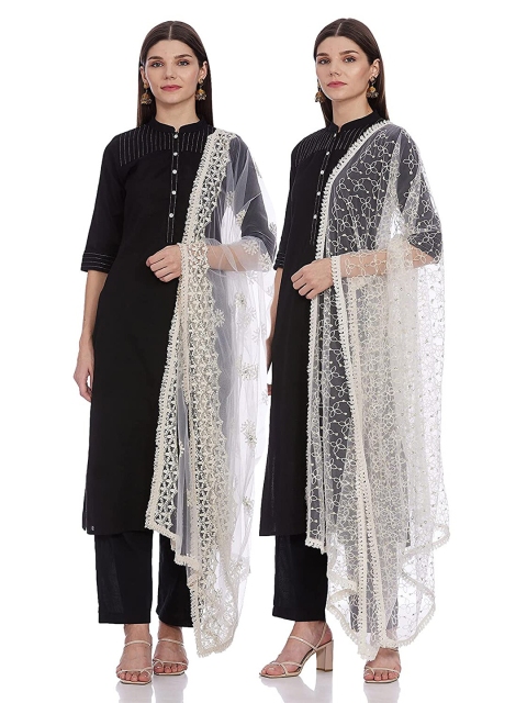 

IVOC White Ethnic Motifs Embroidered Dupatta with Sequinned