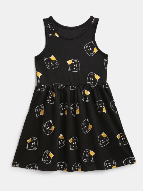 

YK Black Printed Cotton Fit & Flare Dress