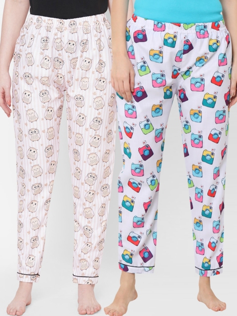 

FashionRack Pack Of 2 White & Pink Printed Cotton Lounge Pants