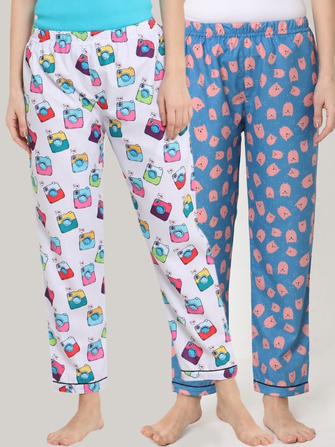 

FashionRack Women Pack Of 2 Printed Cotton Lounge Pants, White