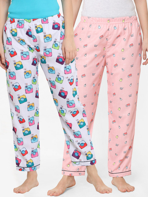 

FashionRack Women Pack Of 2 White & Pink Printed Lounge Pants