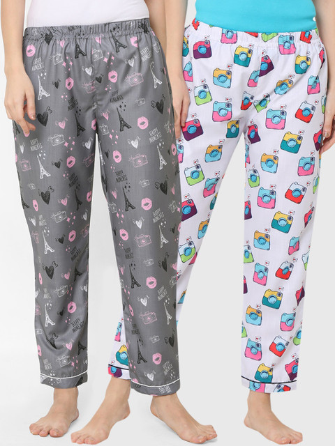 

FashionRack Women Pack Of 2 Grey & White Printed Cotton Lounge Pants