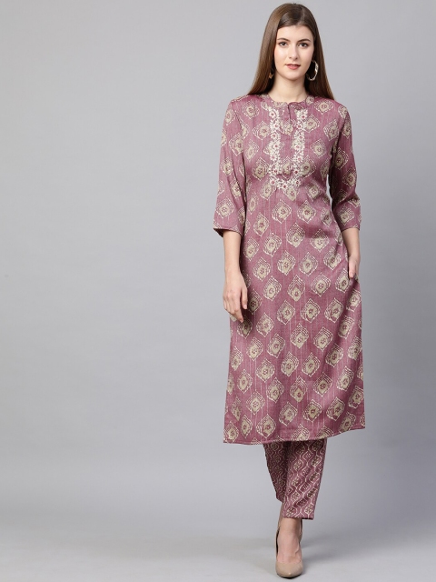 

FASHOR Women Pink Ethnic Motifs Printed Angrakha Kurti with Trousers
