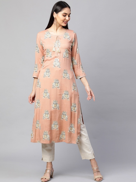 

FASHOR Women Peach-Coloured Printed Gotta Patti Kurta with Trousers