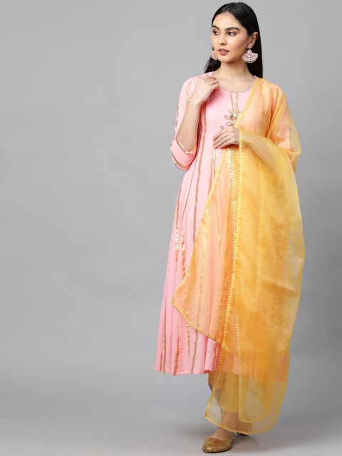 

FASHOR Women Pink Striped Beads and Stones Pure Cotton Kurta with Trousers