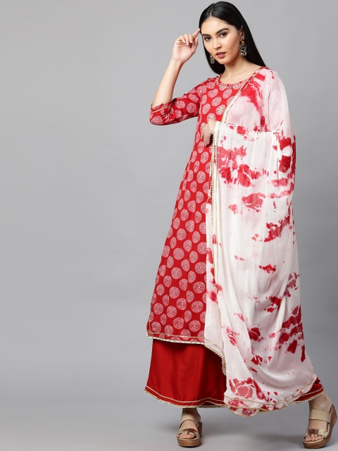 

FASHOR Women Red Embroidered Beads and Stones Kurta with Palazzos & With Dupatta