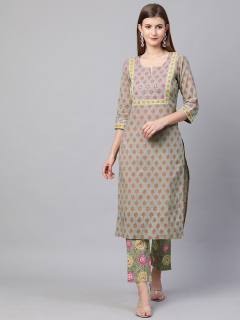 

FASHOR Women Grey Floral Block Printed Printed Pure Cotton Kurta with Trousers