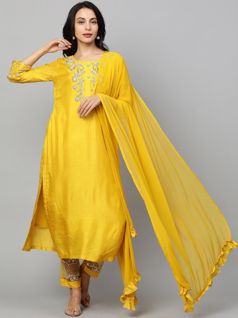 

FASHOR Women Yellow Yoke Design Beads and Stones Kurta with Trousers & With Dupatta