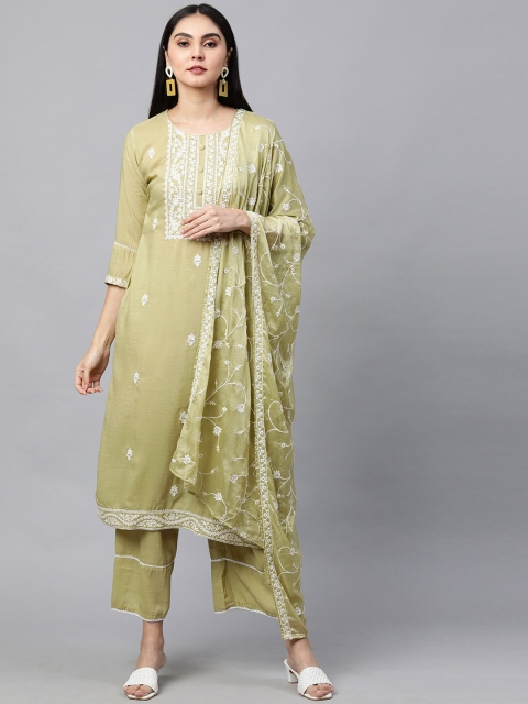 

FASHOR Women Green Floral Yoke Design Thread Work Kurta with Trousers & With Dupatta