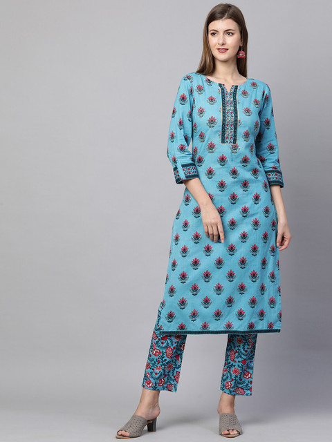 

FASHOR Women Blue Floral Printed Pure Cotton Kurti with Trousers