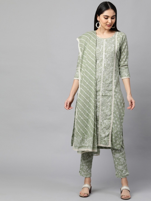 

FASHOR Women Green Ethnic Motifs Printed Panelled Thread Work Pure Cotton Kurta with Trousers & With Dupatta