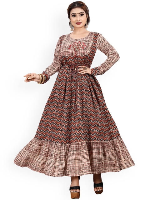 

KALINI Women Beige & Red Ethnic Motifs Printed Anarkali Pure Cotton Kurta with Tie-Ups