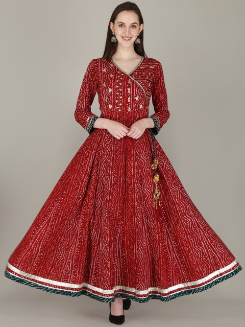 

KALINI Women Maroon & White Bandhani Printed Gotta Patti Angrakha Anarkali Kurta