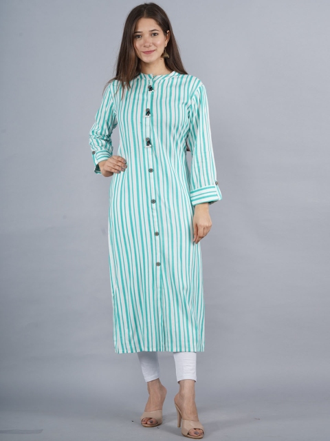 

KALINI Women White & Green Striped Straight Kurta