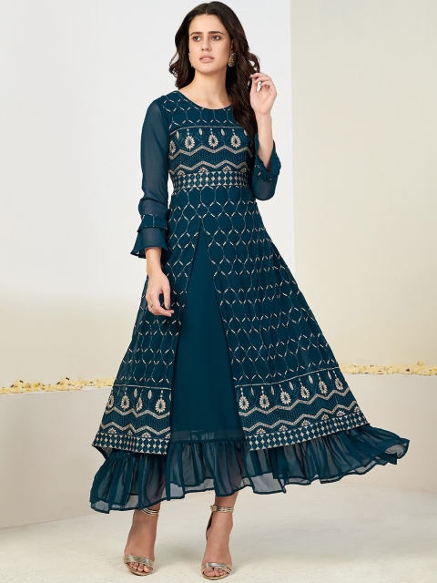

SHOPGARB Women Teal Geometric Thread Work Georgette Tiered Layered Anarkali Kurta