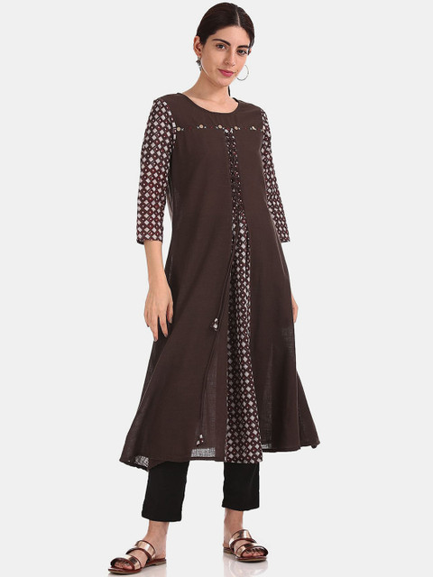 

Anahi Women Brown Printed Thread Work Pure Cotton Kurta