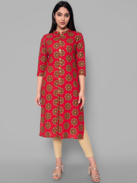 

KALINI Women Red Ethnic Motifs Printed Thread Work Handloom Kurta