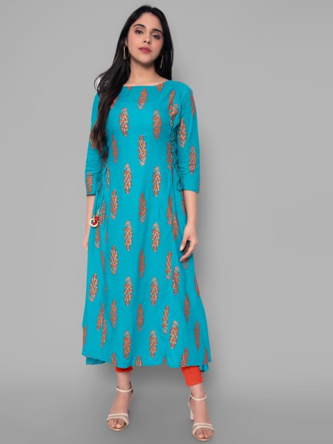 

KALINI Women Blue Floral Printed Thread Work Handloom Anarkali Kurta