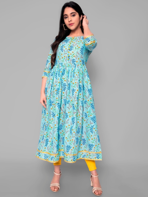 

KALINI Women Sea Green & Blue Floral Printed Handloom Pure Cotton Anarkali Kurta