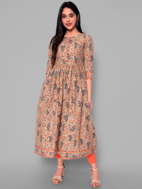 

KALINI Women Brown Floral Printed Thread Work Handloom Anarkali Kurta