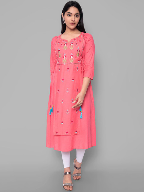 

KALINI Women Peach-Coloured Geometric Embroidered Thread Work Handloom Kurta