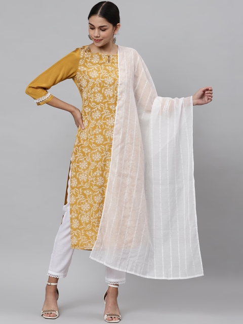 

Os Women Mustard Yellow Printed Straight Kurta with Trousers & Dupatta